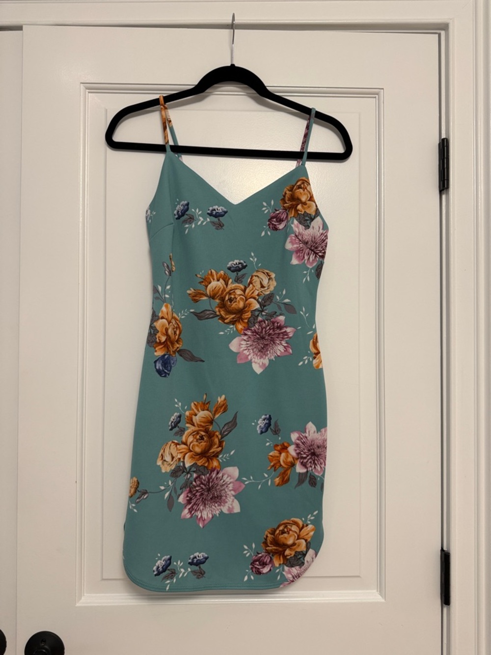 Teal Floral Slip Mini Dress with Spaghetti Straps